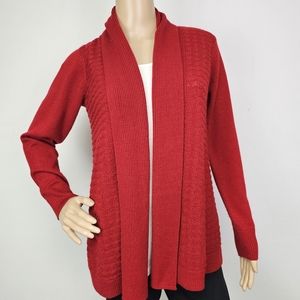 Izod VTG Cardigan Sweater Red Open Knit Ribbed Trim Open Front Size Small